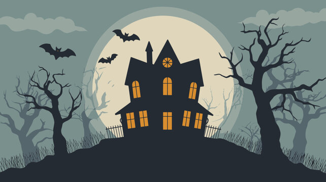 Vector illustration of a silhouetted haunted house on a hill with glowing orange windows, a full moon, bats, and gnarled trees in a dark Halloween scene