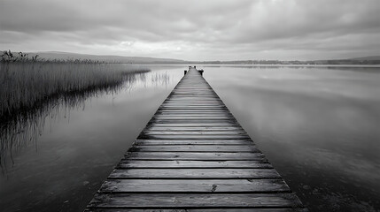 A long wooden dock extending out into a tranquil lake, stretching towards the horizon (3)