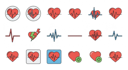 3d icon of a set of heart icons isolated on transparent background, symbolizing health, medical care, love, and cardiology, with various pulse and rhythm designs
