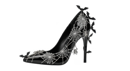 Black high heel shoe decorated with spiderwebs, spiders, and bats, isolated on a white background.