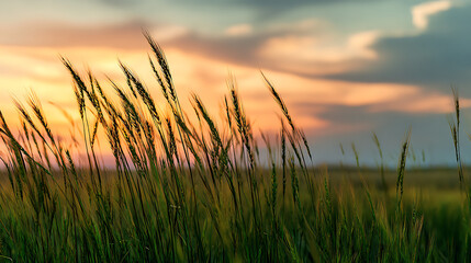 Fototapeta premium Green fields of wheat swaying in the wind, with a warm sunset in the background (3)