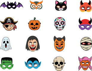 Fototapeta premium halloween mask collection. vector set of spooky character faces for kids costume party and carnival