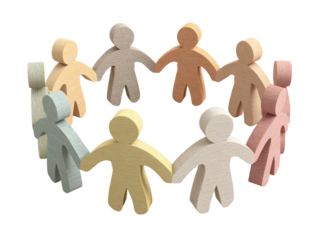 A diverse group of wooden people holding hands in a circle, symbolizing unity, teamwork, and global community isolated on transparent background