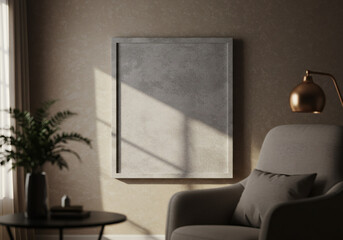 Cozy Living Room Scene with Armchair, Lamp, and Empty Frame on Textured Wall with Natural Light and Plant