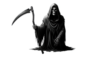 Grim reaper figure with a scythe, depicted in black and white, standing against a white background.