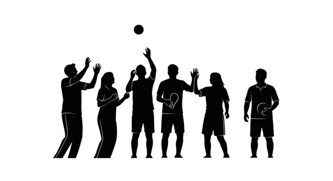diverse group of friends playing casual beach volleyball fun fitness and teamwork illustrated in a bold silhouette design - Powered by Adobe