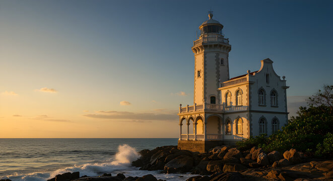 Historic lighthouse-style building with tall tower beside the sea at sunset