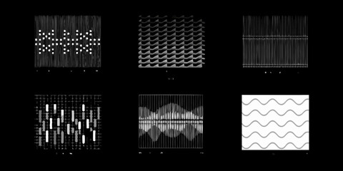 Abstract geometric patterns and data visualizations on a dark background