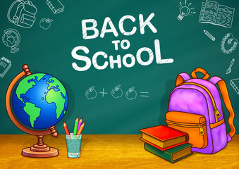 Back to School Illustration &ndash; Chalkboard, Backpack, Globe, and School Supplies