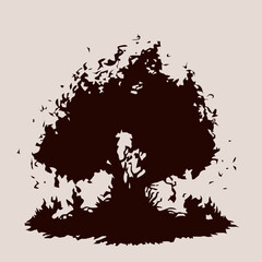 Dark silhouette of a large, sprawling tree.
