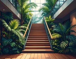 Sunlit indoor staircase flanked by lush tropical foliage