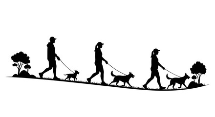 silhouette of people walking dogs perfect for pet care outdoor recreation and healthy lifestyle designs