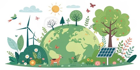 Fototapeta premium Green Earth Composition Illustrated Globe with Renewable Energy, Nature and Wildlife, sustainable, eco-friendly
