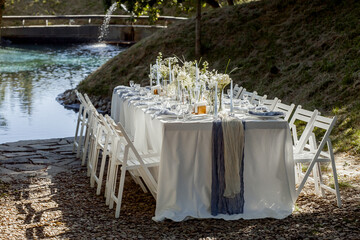 served table, glasses, plates, vase with forge, In nature by the lake