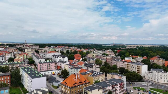 city center old town drone flight over Swidnica Poland