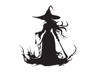 Silhouette of a witch, powerful and mysterious.
