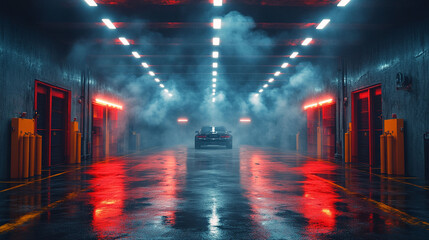 Dark, futuristic underground garage with a sleek car in the center, neon lights, and smoky atmosphere.