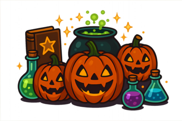 Enchanting Halloween Pumpkins with Magic Potions and Spellbook