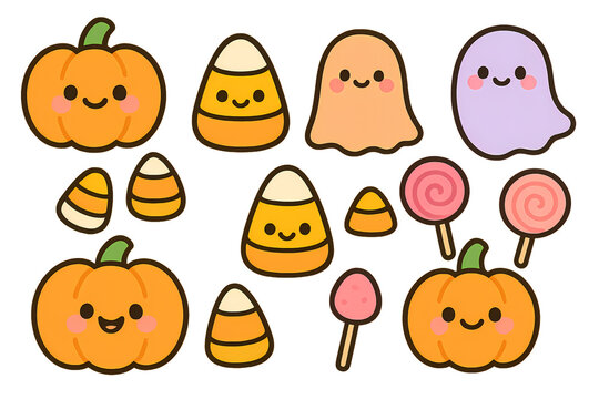 Adorable Halloween Cartoon Icons: Pumpkins, Candy Corn, Ghosts, and Lollipops