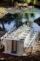 served table, glasses, plates, vase with forge, In nature by the lake