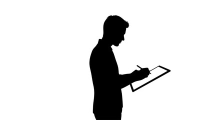 strategic planning silhouette of a focused businessman making notes on a tablet for success