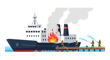 Fototapeta premium Ship Fire Firefighters Battle Flames at Sea, Illustrated Disaster Scene with Smoke