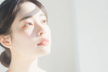 Naklejka premium Elegant natural light portrait of young Japanese woman looking upward with soft makeup and glowing skin