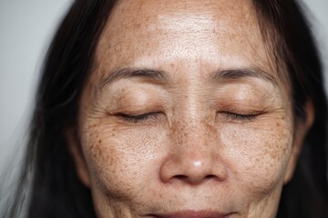 Obraz premium Close-up portrait of mature Asian woman with natural freckles and gentle smile