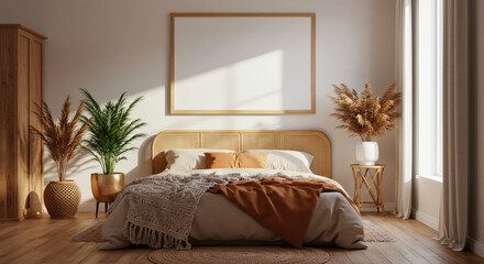 Bohemian Bedroom Oasis: Rattan Headboard, Cozy Bedding, Natural Light & Pampas Grass Decor - Serene & Stylish Home Interior