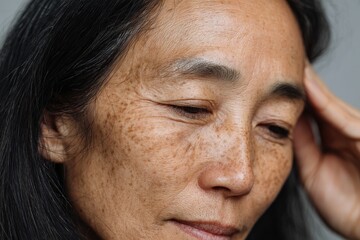 Obraz premium Close-up portrait of mature Asian woman with natural freckles and gentle smile