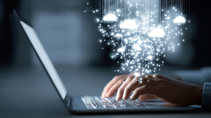 A person typing on a laptop with floating icons representing cloud technology and data streams above, symbolizing digital connectivity and innovation