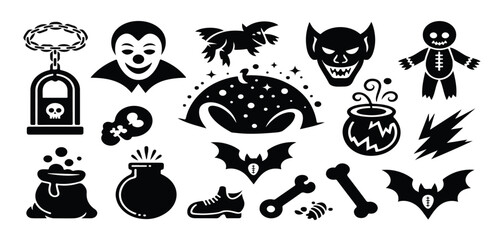Halloween Silhouette Icon Set – Vampire, Bat, Witch, Cauldron, Potion, Skull, Bones, Doll, Spooky Elements on White Background
