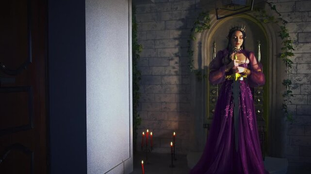 silhouette fantasy fairy woman evil elven queen holding sword in hand, dark purple dress. Sexy witch elf girl. Gothic warrior princess with weapon, golden crown. Old style night room Halloween holiday