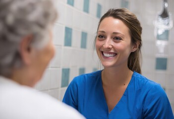 Smiling nurse in blue scrubs talking with elderly patient indoors