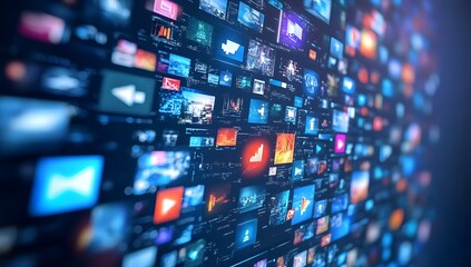 Abstract digital background with numerous virtual screens and media icons