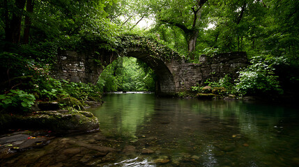 A vine-covered stone bridge stretching across the tranquil river merge into the green woods