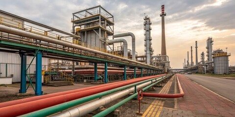 Fototapeta premium Industrial Refinery Complex Pipelines, Towers and Sunset Sky, Industrial Photography, Refinery Refinery, Pipeline