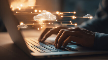A person typing on a laptop with floating icons representing cloud technology and data streams above, symbolizing digital connectivity and innovation