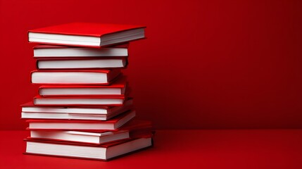 Stack of red books against a red background.