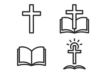 Christian religion line icon set. Minimalist faith symbols. Holy bible book and cross vector illustration. Spirituality, worship, prayer, gospel, god, jesus, church concept.