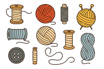 Sewing and knitting collection. Vector set of haberdashery icons. Yarn ball, thread spool, bobbin, needles, and button for handmade craft, hobby, DIY, or tailor shop