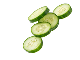 Close up of five cucumber slices stacked diagonally on a black background in studio lighting