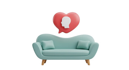 3d icon of a blue sofa with a heartshaped speech bubble containing a head silhouette, representing mental health support and therapy isolated on transparent background