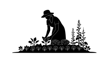 woman tending her vegetable garden a silhouette illustration for sustainable farming gardening blogs and ecoconscious businesses