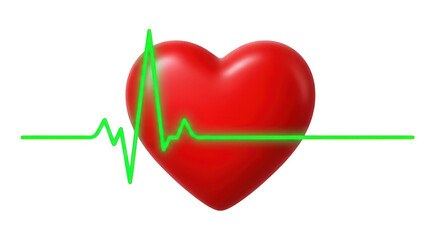 3d icon of heart with ecg line isolated on transparent background for medical and healthcare concepts, representing vital signs, cardiology, and emergency care