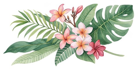 Watercolor Plumeria and Tropical Leaves Bouquet Composition, Illustration, Floral Design, plumeria, tropical Tropical Flowers, Watercolor Painting