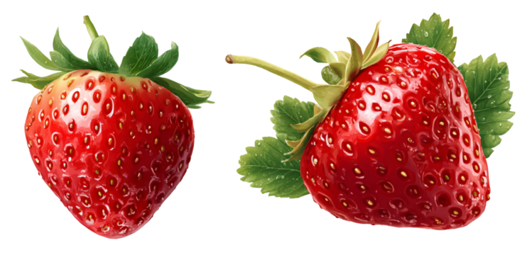 Two fresh strawberries isolated on transparent background, one with leaves, showcasing their vibrant red color and juicy texture, perfect for healthy eating