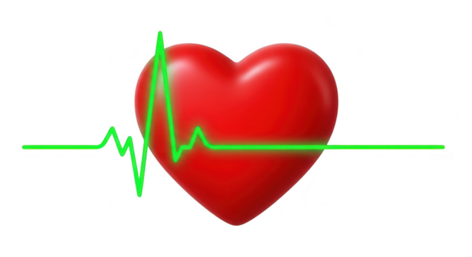 3d icon of heart with ecg line isolated on transparent background for medical and healthcare concepts, representing vital signs, cardiology, and emergency care