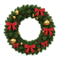 Christmas wreath decoration with gold ornaments and red bows for holiday season
