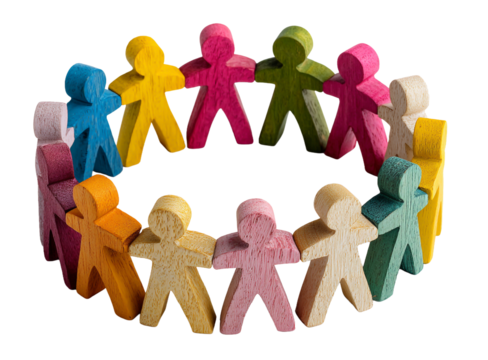 Colorful wooden figures holding hands in a circle, symbolizing unity, teamwork, and diversity isolated on transparent background